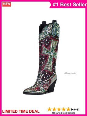 Knee-High Faux Leather Rhinestone Western Cowboy Boots Pointed Toe
